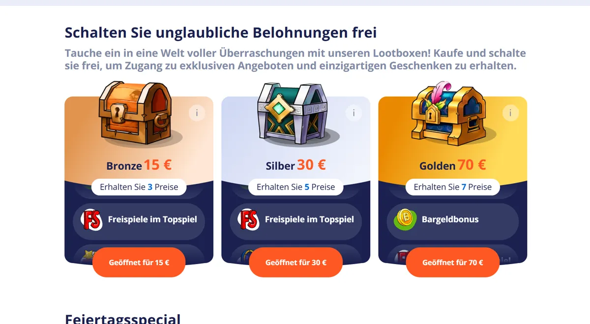 Die Beutekisten bei Vulkan Vegas: Bronze für 15 €, Silber für 30 € und Golden für 70 €