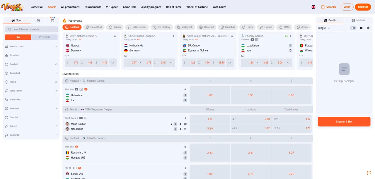 Sportsbook hos Vulkan Vegas med fodbold, tennis og livebetting
