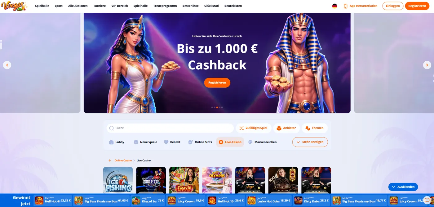 Live-Casino von Vulkan Vegas mit dem Banner für bis zu 1.000 € Cashback