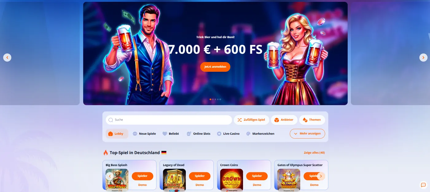 Lobby von Vulkan Vegas in Deutschland mit dem Banner der Trink-Bier-Aktion über 7.000 € und 600 Freispiele