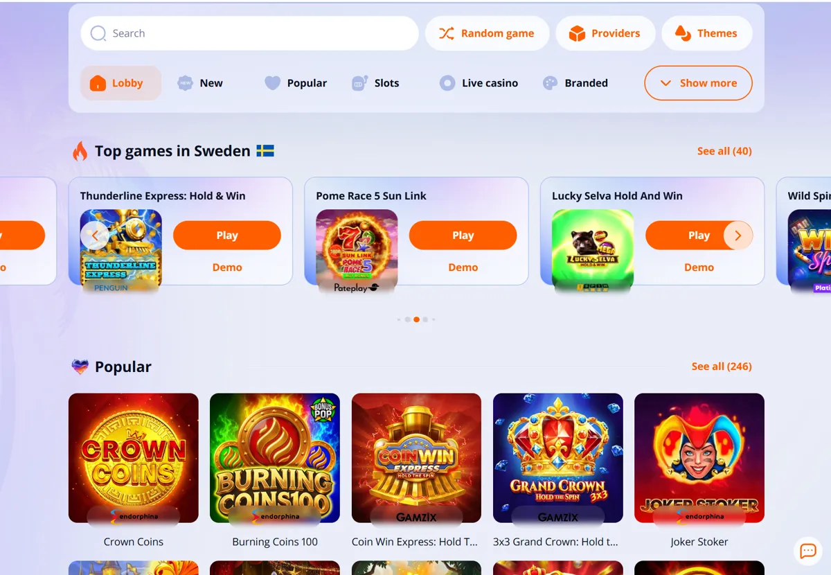Lobbyn hos Vulkan Vegas med listan över toppspel i Sverige