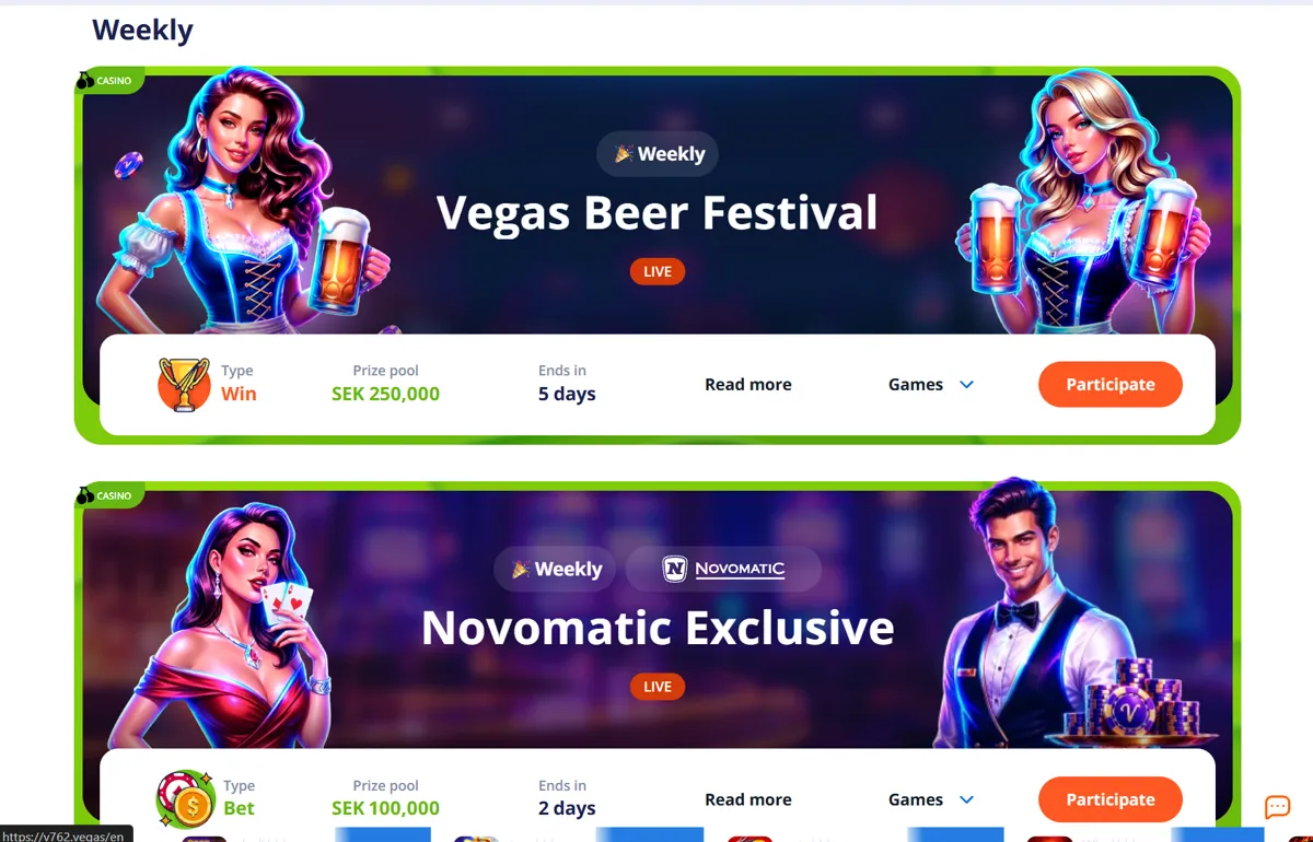 Turneringssidan hos Vulkan Vegas med Vegas Beer Festival och Novomatic Exclusive